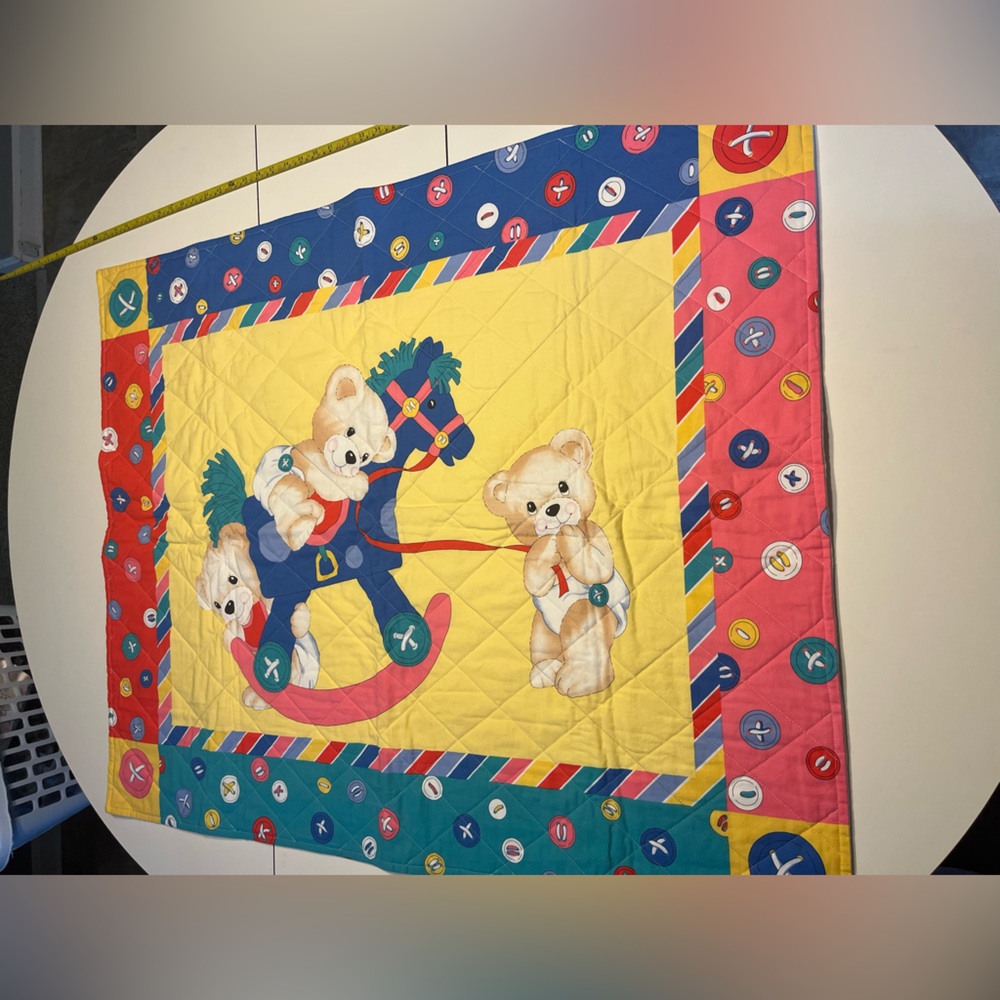 Vintage teddy bear rocking horse homemade baby blanket 90s red yellow